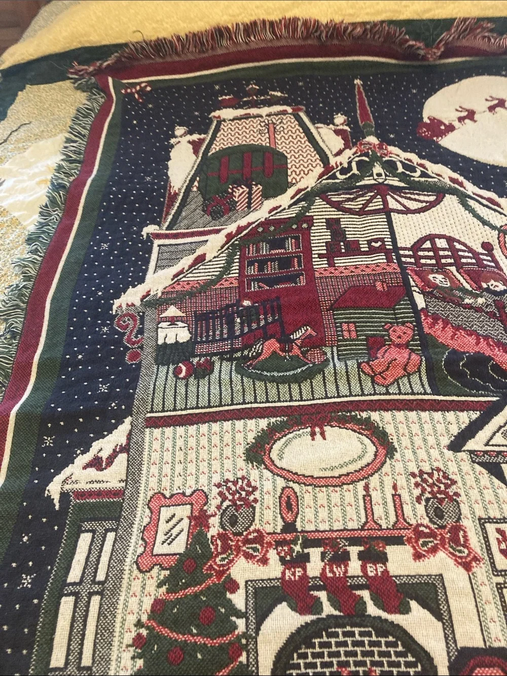 Vtg 1993 MWW  Victorian Christmas House woven tapestry throw blanket fringe